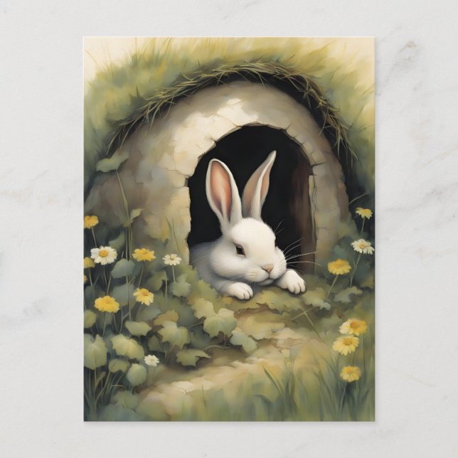 Cozy Rabbit in a Flowering Burrow Postcard (Front)