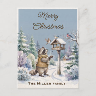 Cozy Raccoon & Birds Woodland Winter Custom Holiday Postcard