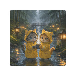 Cozy Rainy Day Cats In Yellow Raincoats Metal Print