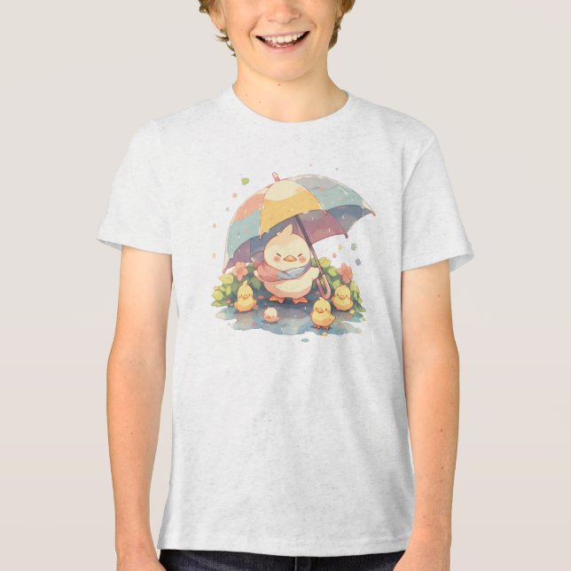 Cozy Rainy Day – Cute Chicks Under Umbrella Illust Tri-Blend Shirt (Front)