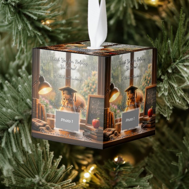 Cozy Rainy Day Squirrel Teacher Appreciation Cube Ornament (Tree)