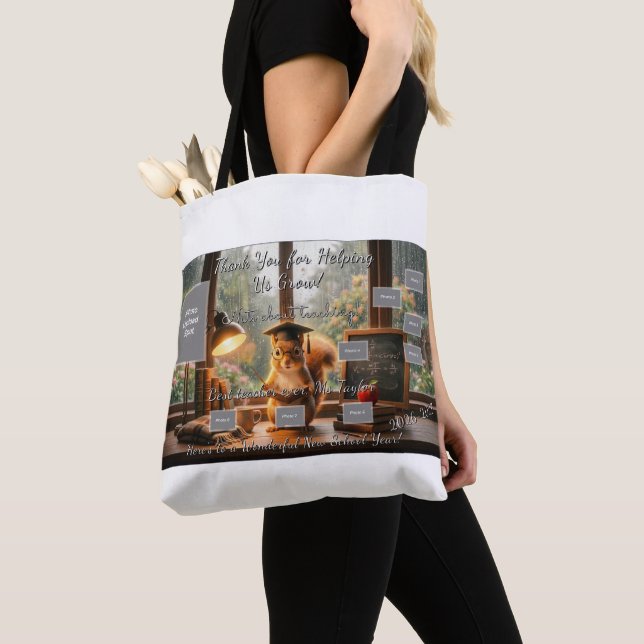 Cozy Rainy Day Squirrel Teacher Shoulder Tote (Close Up)