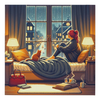 Cozy Rainy Night with Cat by Moonlit Window Faux Canvas Print