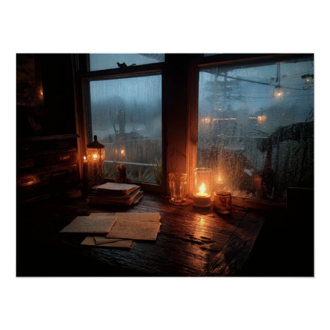 Cozy Rainy Window Candle Glow Scene Poster (Front)