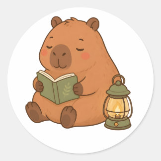 Cozy Reading Capybara by Lantern Cute Sticker Gift