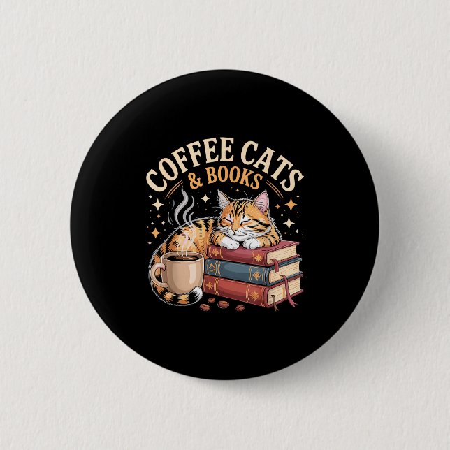 Cozy Reading Cat Coffee And Books Lover Artwork  Button (Front)