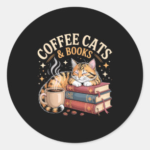 Cozy Reading Cat Coffee And Books Lover Artwork Classic Round Sticker