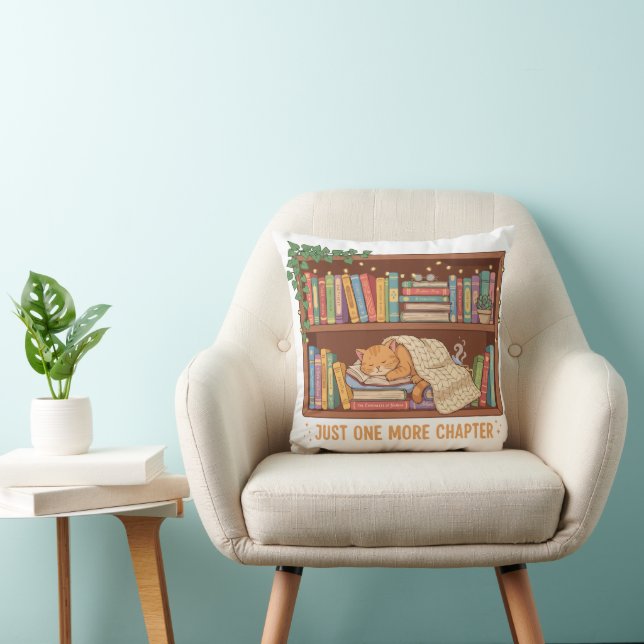 Cozy Reading Cat "Just One More Chapter" Book Love Throw Pillow (Chair)