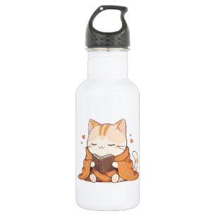 Cozy Reading Cat Kawaii Bookworm Kitten Design Stainless Steel Water Bottle