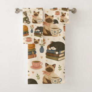 Cozy Reading Cats and Coffee Bookworm Bath Towel Set