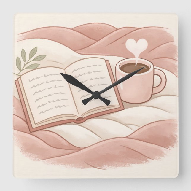 Cozy Reading Moment - Coffee and Book Lover Design Square Wall Clock (Front)