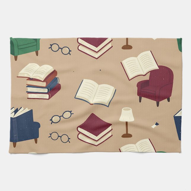 Cozy Reading Nook Books Pattern Kitchen Towel (Horizontal)