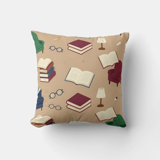 Cozy Reading Nook Books Pattern Throw Pillow (Front)