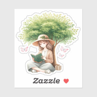 Cozy Reading Under a Tree Girl Book Lover Bookish Sticker
