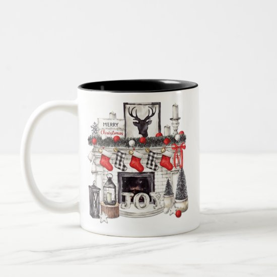 Cozy Red and Black Fireplace Christmas Decor Home Two-Tone Coffee Mug