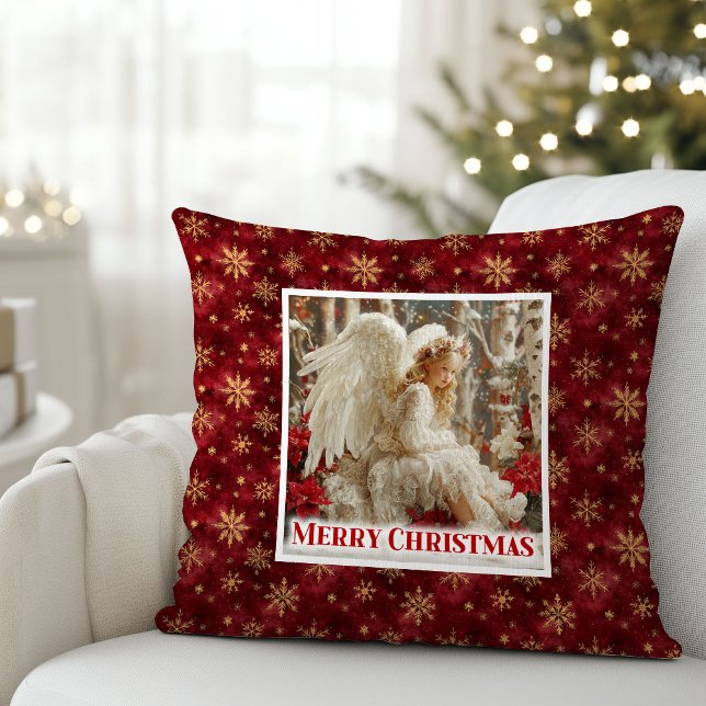 Cozy Red and Gold Angel Art Victorian Christmas  Throw Pillow (Cozy Red and Gold Angel Art Victorian Christmas Pillow)