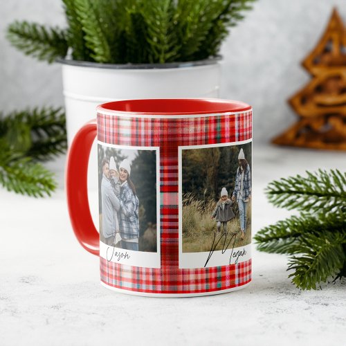 Cozy Red and White Plaid fabric Family Photos Mug