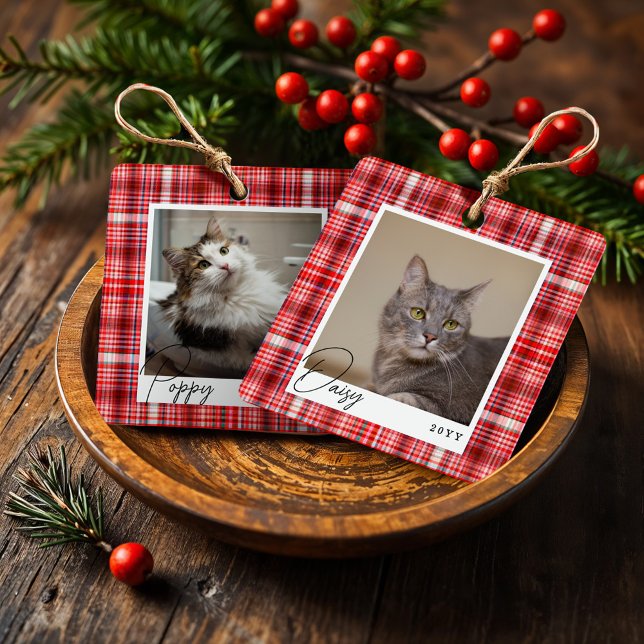Cozy Red and White Plaid fabric Pet Photo Keepsake Metal Ornament (Cozy Red and White Plaid fabric Pet Photo Keepsake Metal Ornament)