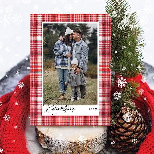 Cozy Red and White Plaid Flannel Family Photo Holiday Card