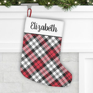 Cozy Red Black and White Tartan Plaid Name Small Christmas Stocking