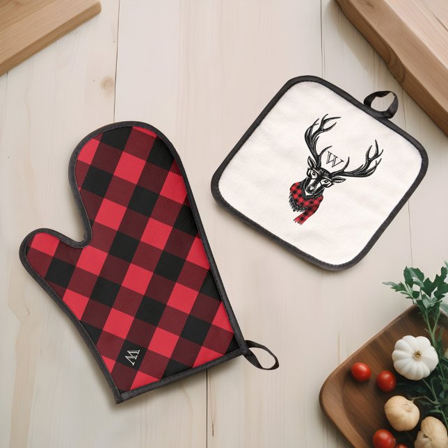 Cozy Red & Black Buffalo Plaid Deer Monogram Oven Mitt & Pot Holder Set (Cozy Red & Black Buffalo Plaid Deer Monogram Oven Mitt & Pot Holder Set)