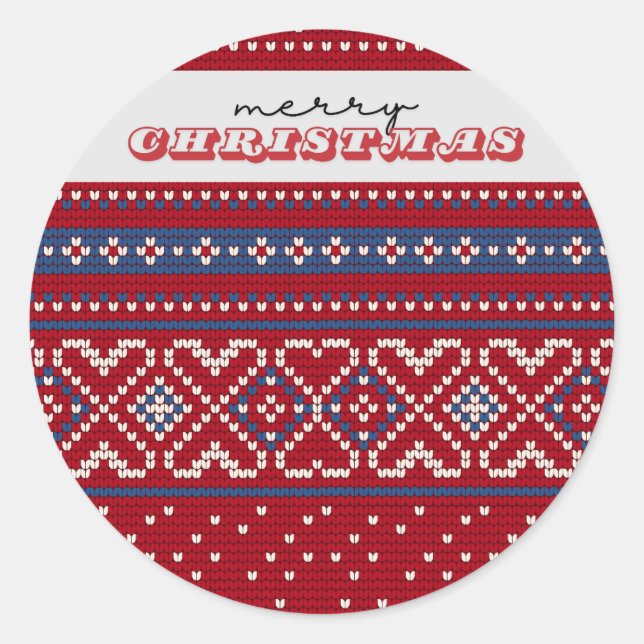 Cozy Red & Blue Sweater Merry Christmas Classic Round Sticker (Front)
