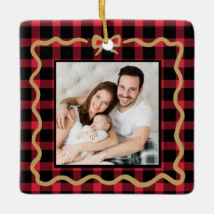 Cozy Red Buffalo Plaid 2 Photo Family Christmas Ceramic Ornament