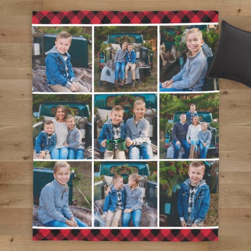 Cozy Red Buffalo Plaid Holiday Photo Collage Fleece Blanket