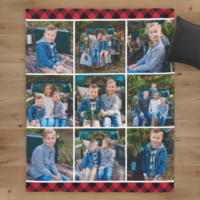 Cozy Red Buffalo Plaid Holiday Photo Collage Fleece Blanket (Creator Uploaded)