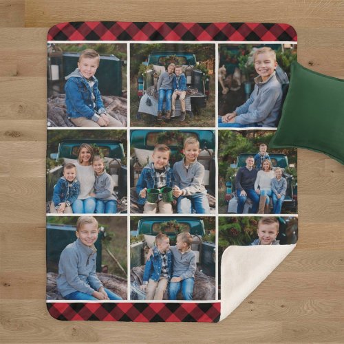 Cozy Red Buffalo Plaid Holiday Photo Collage Sherpa Blanket