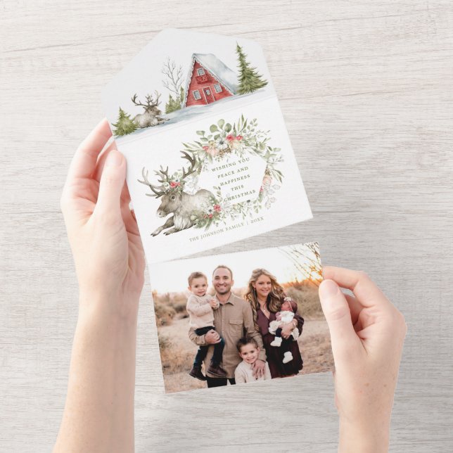Cozy Red Cabin in the Woods | Photo Christmas Card (Tearaway)