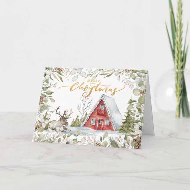 Cozy Red Christmas Cabin in the Woods Card (Front)