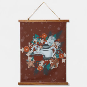 Cozy Red Cottagecore Winter Tea Scene Hanging Tapestry