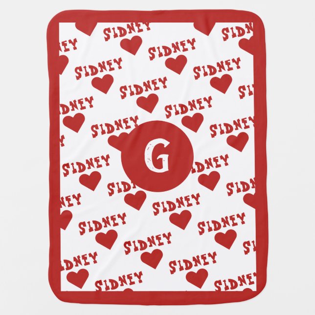 Cozy Red Cute Monogram Personalized Name Boy Baby Blanket (Front)
