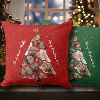 Cozy Red Green Christmas Tree Family Photo Collage Throw Pillow