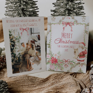 Cozy Red Green Floral Santa Clause Bow Christmas Holiday Card