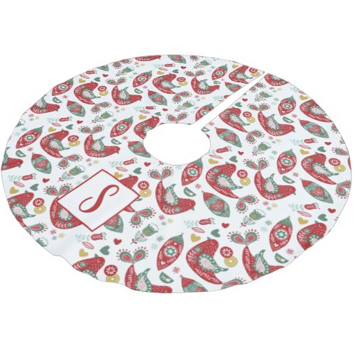 Cozy Red  Green Nordic Folk Art Pattern Monogram Brushed Polyester Tree Skirt