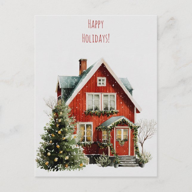 Cozy red house with festive decorations  holiday postcard (Front)