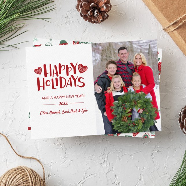 Cozy Red Nordic Hearts Merry Christmas Photo Card (Creator Uploaded)