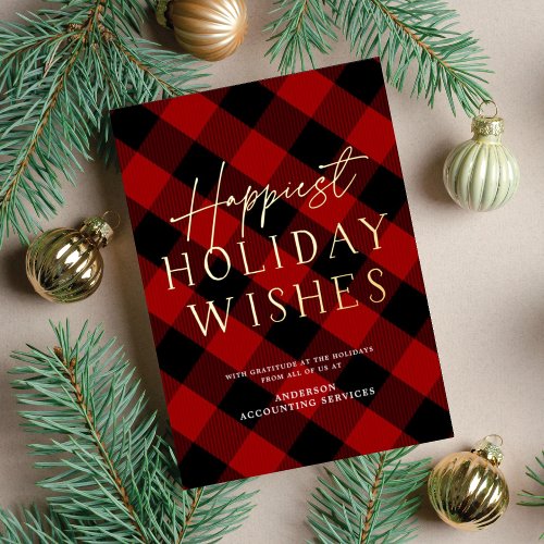 Cozy Red Plaid Non_Photo Business Corporate Gold Foil Holiday Card