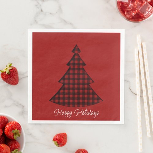 Cozy Red Plaid Pattern Christmas Tree Paper Dinner Napkins
