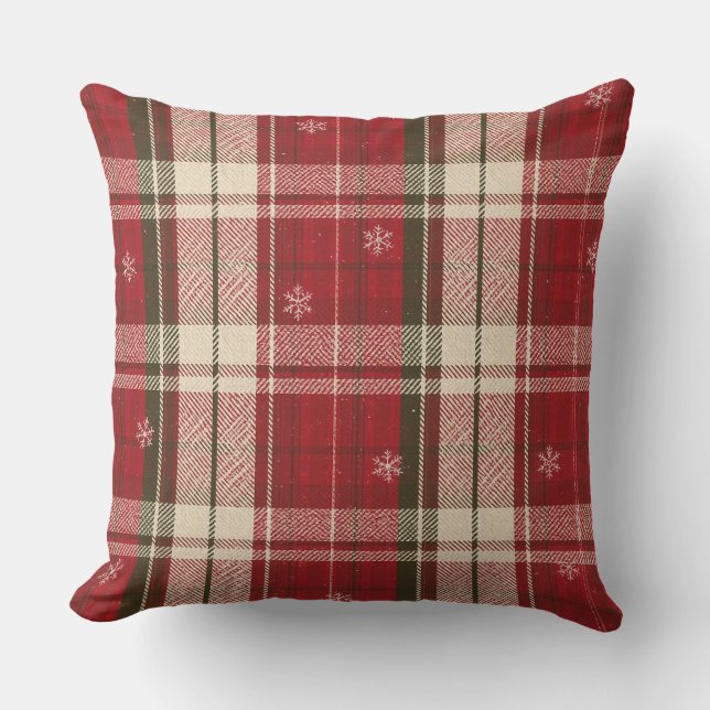 Cozy Red Plaid Snowflake Christmas Throw Pillow (Front)