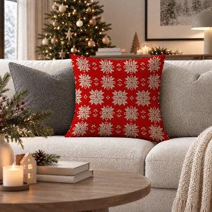 Cozy Red Scandinavian Folk Snowflake Pillow Art