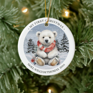 Cozy Red Scarf Polar Bear Baby's First Christmas Ceramic Ornament