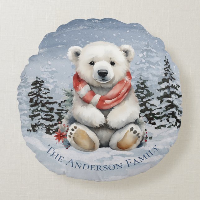 Cozy Red Scarf Polar Bear Christmas Round Pillow (Front)