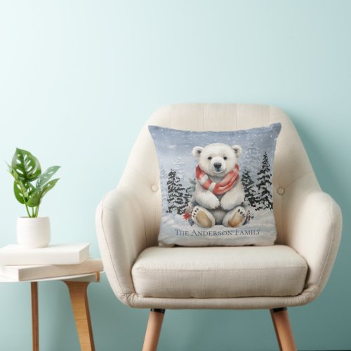 Cozy Red Scarf Polar Bear Christmas Throw Pillow