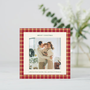 Cozy Red Tan Tartan Plaid Square Photo Christmas Holiday Card