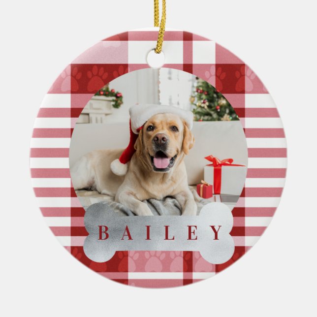 Cozy Red & White Plaid Paw Print Pet Photo Ceramic Ornament (Front)