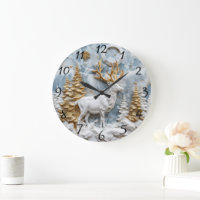 Cozy Reindeer Christmas Scene Large Clock