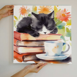 Cozy Relaxed Cat in Watercolor Faux Canvas Print